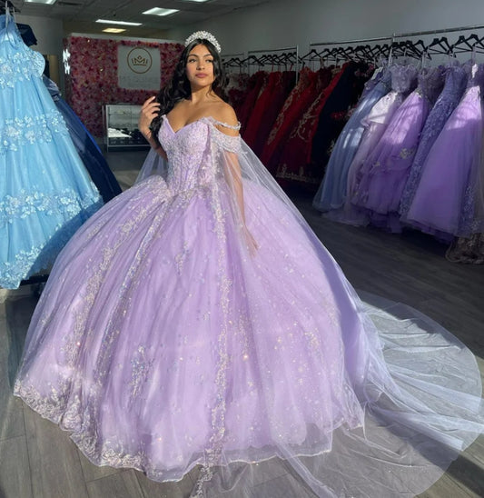 Cute Lilac Flowers Princess Quinceanera Dresses With Detached Cape Beads Crystal Sweet 16 Dress Vestido De 15 Años Prom