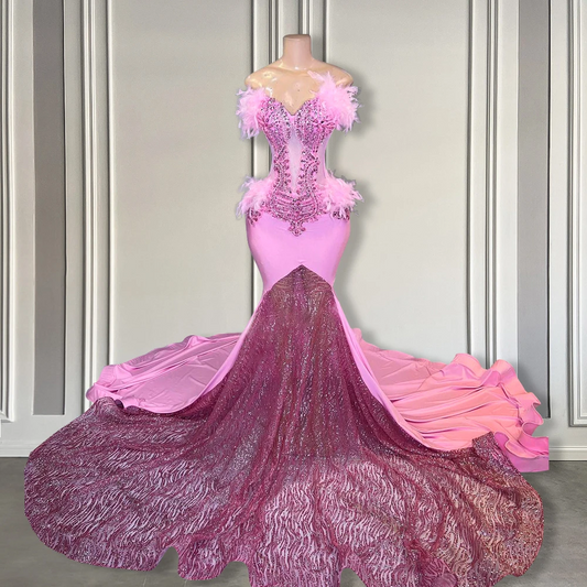 New Pink Sweetheart Feather Mermaid Prom Dresses Top Corset Beaded Long Prom Gowns Black Girl Pink Sequin Prom Dress