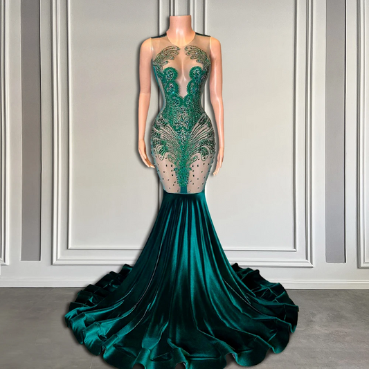 Luxury Green Crystals See Through Long Prom Dresses Mermaid Style Sexy Prom Dress Black Girls for Graduation Party