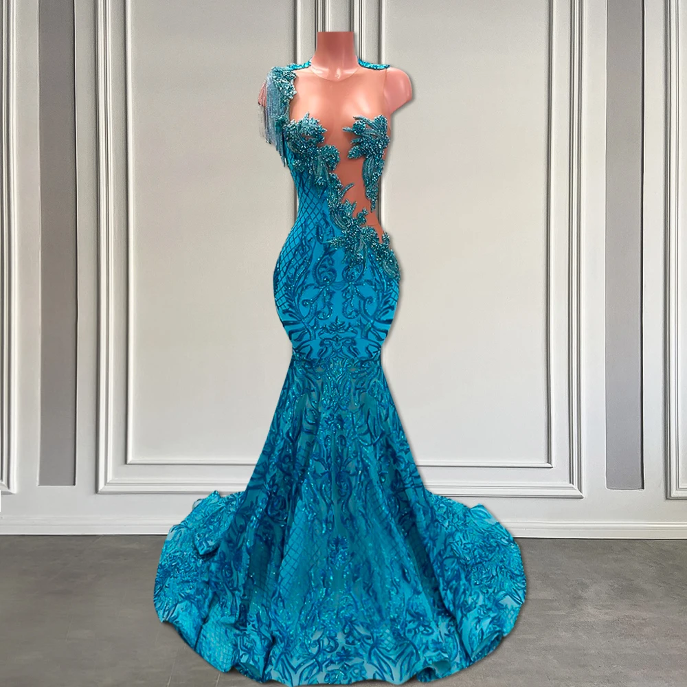 Sparkly Lace Peacock Blue Prom Dress Long Luxury Beaded Black Girls Mermaid Fitted Prom Gowns with Tassel