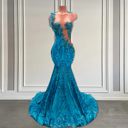 Sparkly Lace Peacock Blue Prom Dress Long Luxury Beaded Black Girls Mermaid Fitted Prom Gowns with Tassel