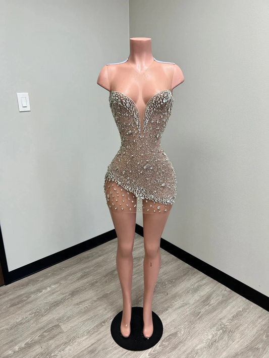 New Arrival Sexy See Through Sparkly Silver Crystals Women Birthday Party Mini Style Black Girls Short Prom Dresses