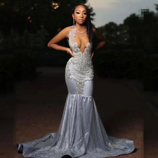 Luxury Silver Prom Dresses For Black Girls Diamond Sequin Mermaid Party Gowns Evening Dress Vestidos De Festa