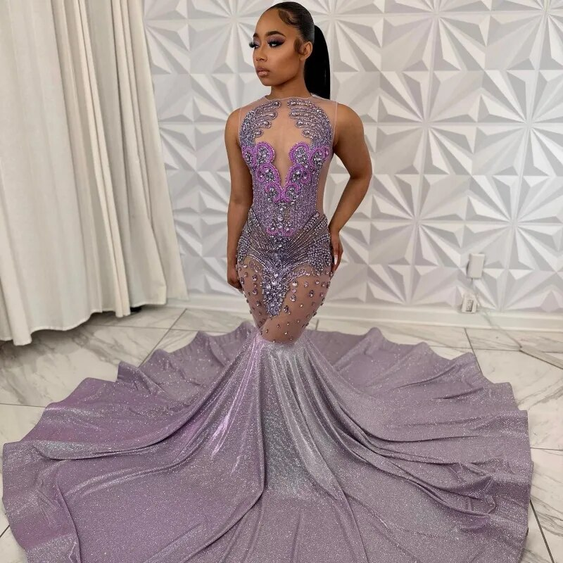 Luxury Diamond Prom Dresses Sheer Neck Rhinestone Sequin Party Gowns Black Girls Mermaid Evening Dress Vestidos De Festa