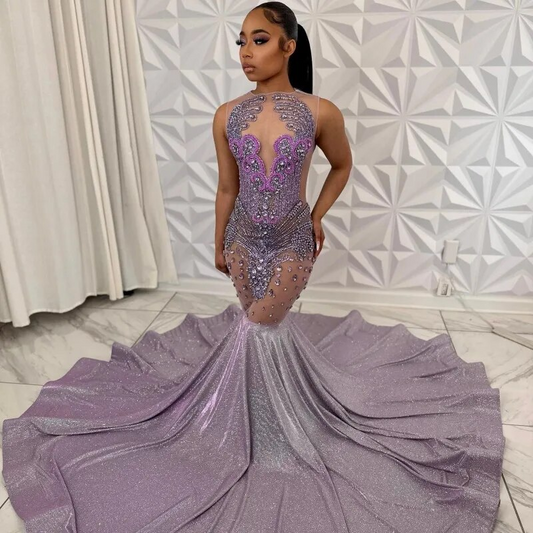 Luxury Diamond Prom Dresses Sheer Neck Rhinestone Sequin Party Gowns Black Girls Mermaid Evening Dress Vestidos De Festa