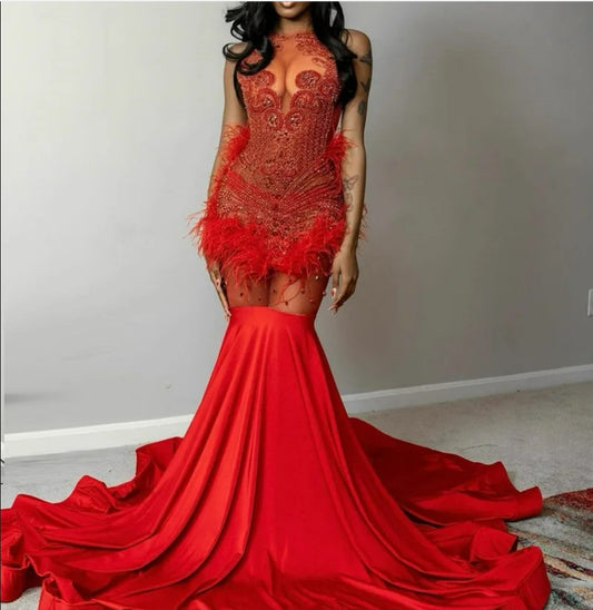 Red Diamonds Long Prom Dress For Black Girls Beaded Crystal Rhinestones Feather Evening Gown Birthday Party Dresses Vestido