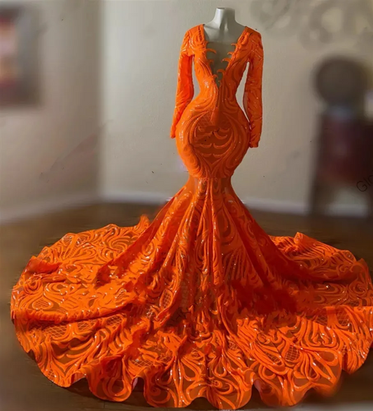 Luxury Orange O Neck Long Prom Dress For Black Girls Appliques Birthday Party Gown Mermaid Celebrity Dresses Robe De Soir