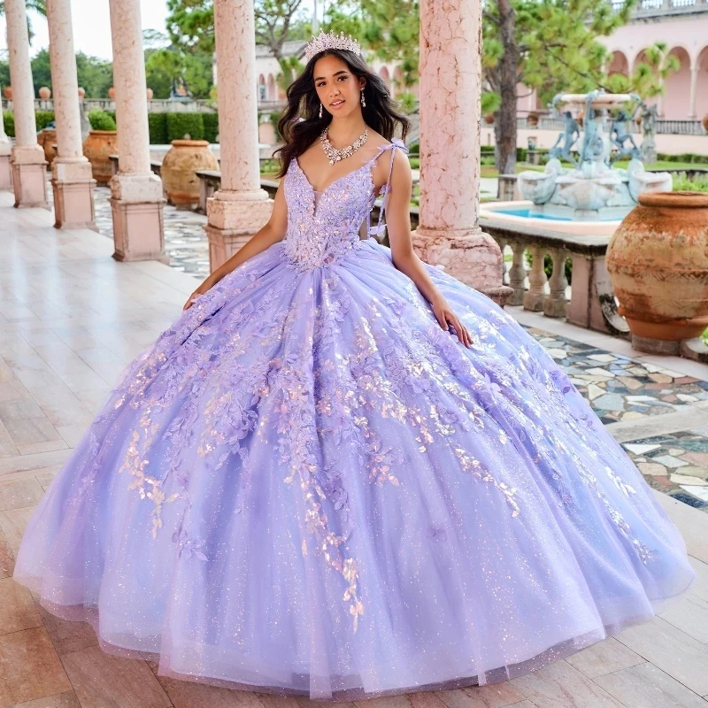 Lilac Sexy Spaghetti Strap Floral Gown Quinceanera Dress Sequin Applique Lace Basque Glitters Vestidos De 15 Prom Party Gow