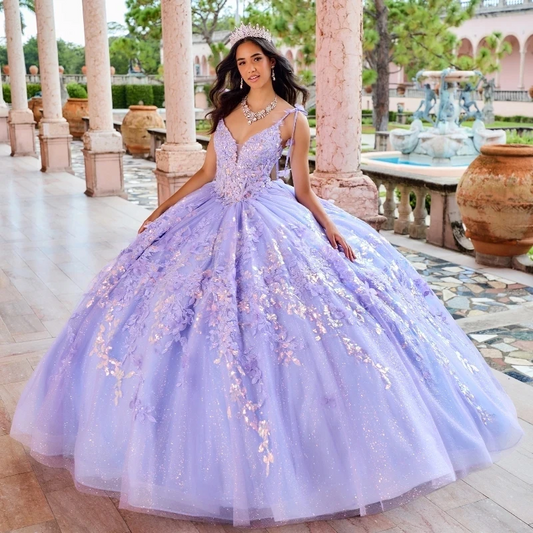 Lilac Sexy Spaghetti Strap Floral Gown Quinceanera Dress Sequin Applique Lace Basque Glitters Vestidos De 15 Prom Party Gow