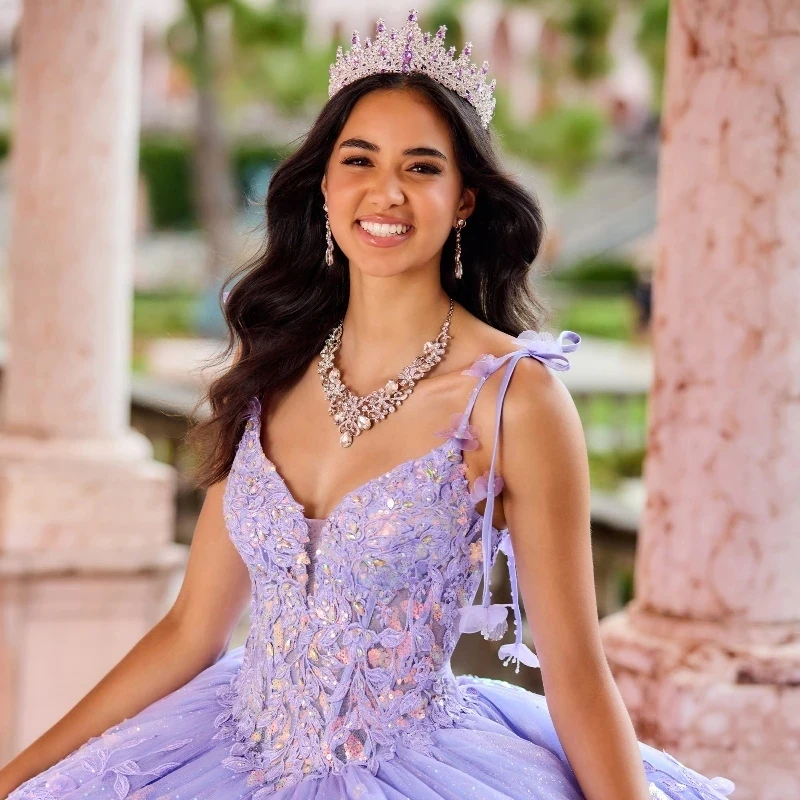 Lilac Sexy Spaghetti Strap Floral Gown Quinceanera Dress Sequin Applique Lace Basque Glitters Vestidos De 15 Prom Party Gow