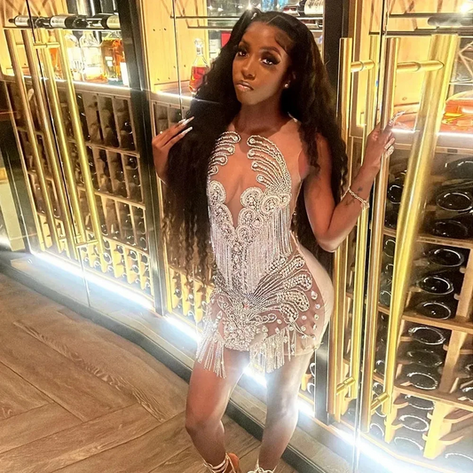Glitter White Rhinestone Sequined Short Prom Dresses Sheer Neck Knee Length Evening Cocktail Party Gowns Homecoming Occasion