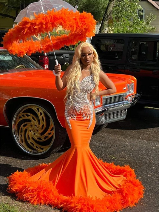 Orange Crystal Orange Feathers Long Prom Dresses For Black Girls African Mermaid Birthday Evening Party Gown Robe De Soiree
