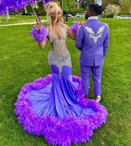 Luxury Purple Prom Dresses For Black Girls Rhinestone Feathers African Women Mermaid Party Gowns Vestidos De Festa