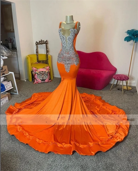 Sexy Crystal Bead Orange Long Prom Dresses For Black Girl Mermaid Birthday Party Dress Evening Gown Robe De Bal