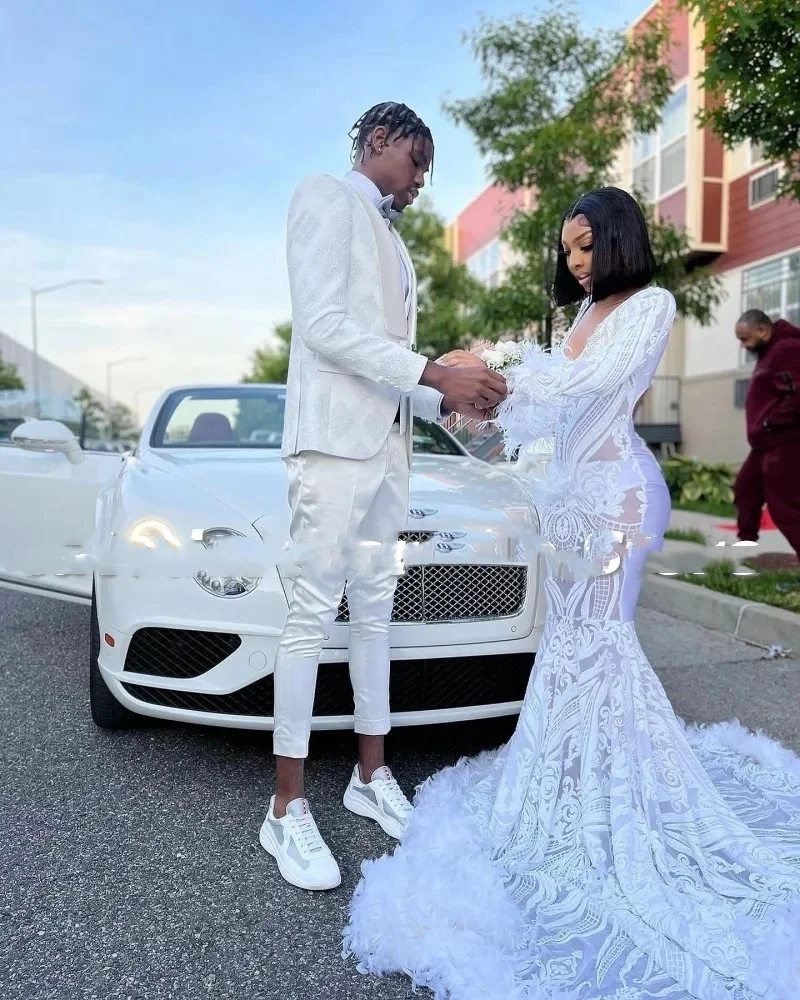 White Prom Dresses For Black Girls V Neck Rhinestone Sequin Party Gowns Long Sleeves Feathers Vestidos De Festa