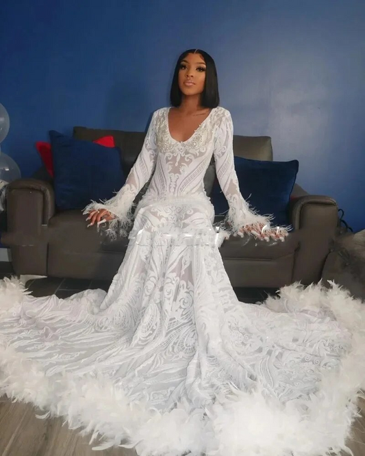 White Prom Dresses For Black Girls V Neck Rhinestone Sequin Party Gowns Long Sleeves Feathers Vestidos De Festa