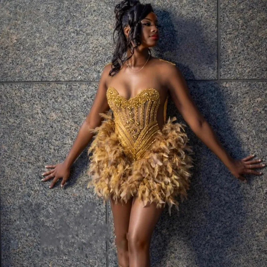 Luxury Feathers Birthday Dresses For Black Girl Beading Sequin Short Prom Party Gowns Sheer Neck Clubbing Dress Nightclub