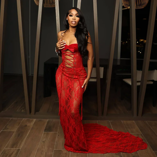 Sexy Red Lace Prom Dress For Black Girls Sweetheart Mermaid Party Gowns See Through Vestidos De Graduación