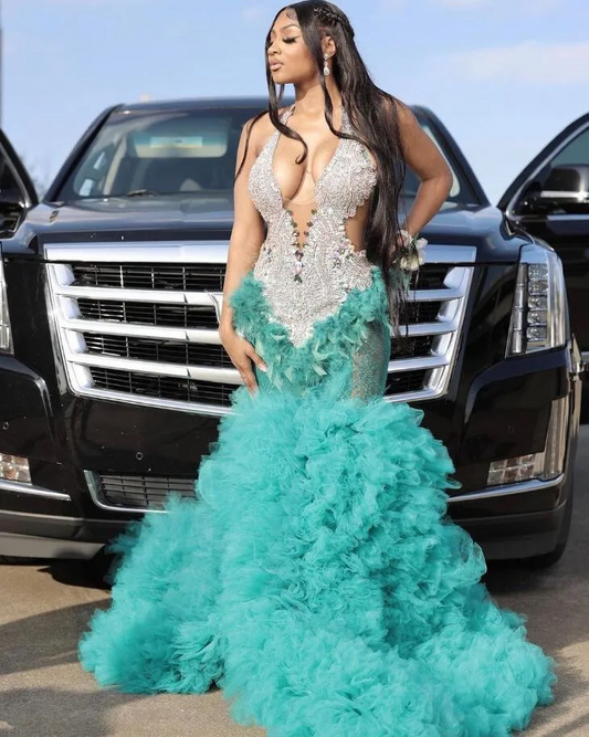 Turquoise Mermaid Long Evening Dress for Women Silver Diamond Crystal Ruffles Skirt Black Girl Birthday Gown vestidos de gala