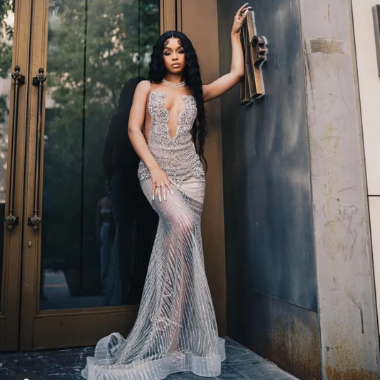 Sexy See Through Prom Dresses For Black Girls Diamond Mermaid Party Gowns Sequin Evening Birthday Dress Women