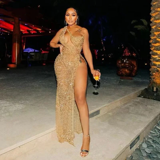 Sexy Gold One Shoulder Mermaid Evening Dresses High Slits Sequin Floor Length African Prom Birthday Party Gowns