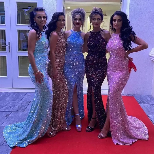 Sexy Glitter Mermaid Prom Dresses Halter Neck Formal Homecoming Dress For Sweet Girl Plus Size Split Evening Party Gowns