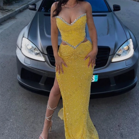 Sexy Mermaid Evening Dresses For Woman Fascinating Sparkling Beading Beautiful Off The Shoulder Side Split Simple Prom Gowns
