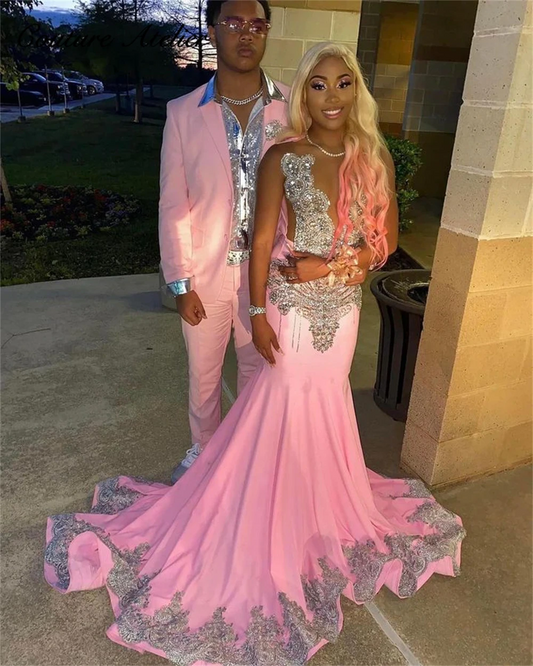 Sliver Crystal Beading Pink Lace Appliques Train Mermaid Prom Dresses Birthday Dress For Black Girl Luxury Cocktail Dresses