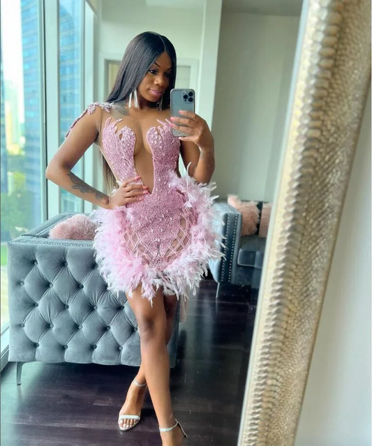 pink Short Prom Dress For Black Girls Beaded Evening Gown Feathers Birthday Party Gowns Mermaid Robe De Bal Aso Ebi