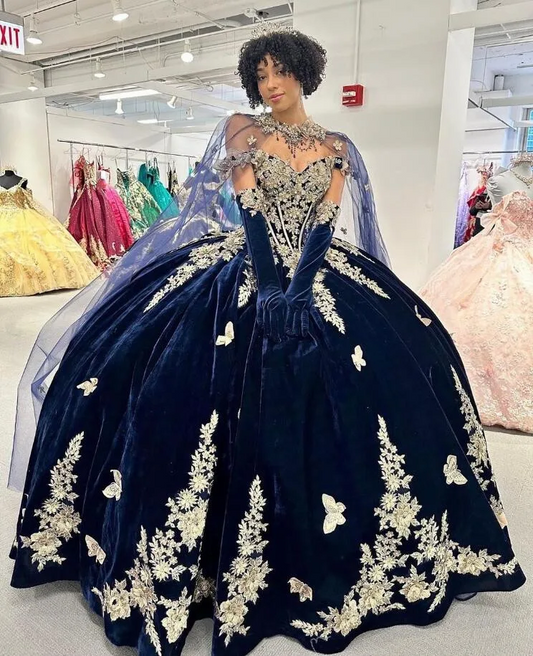 Navy Blue Ball Gown Quinceanera Dresses With Cape velvet Appliques Beads Sweet 16 Dress Vestidos De 15 Anos Lace-Up