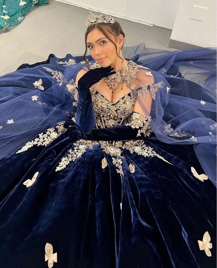 Navy Blue Ball Gown Quinceanera Dresses With Cape velvet Appliques Beads Sweet 16 Dress Vestidos De 15 Anos Lace-Up