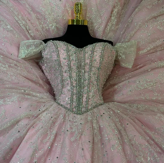 Pink Sparkly Diamonds Quinceanera Dresses Off Shoulder Puffy Skirt Big Bow Princess Sweet 15 vestidos de quinceañera