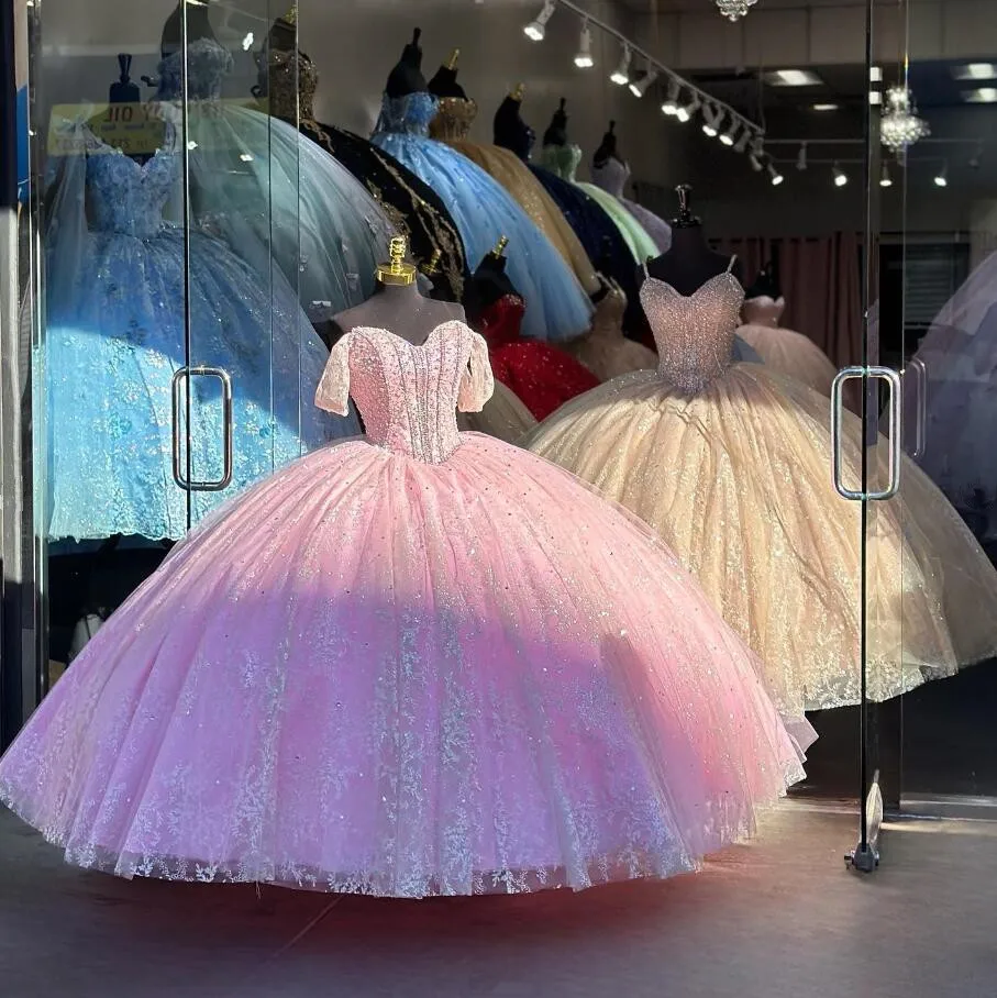 Pink Sparkly Diamonds Quinceanera Dresses Off Shoulder Puffy Skirt Big Bow Princess Sweet 15 vestidos de quinceañera