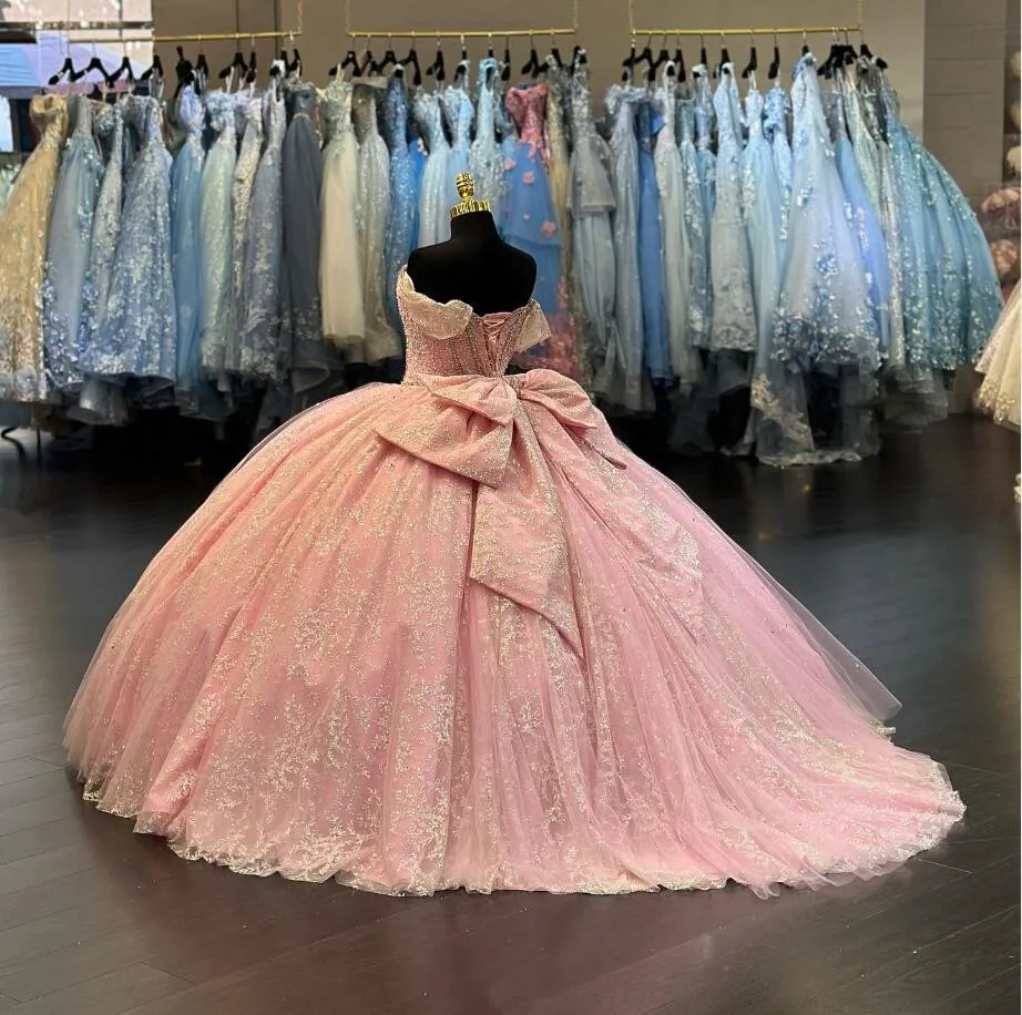 Pink Sparkly Diamonds Quinceanera Dresses Off Shoulder Puffy Skirt Big Bow Princess Sweet 15 vestidos de quinceañera