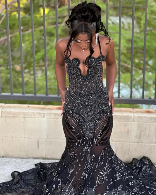 Luxury Trumpet Long Evening Formal Dress for Women Crystal Diamond Applique Black Girl Prom Queen Gown vestidos para mujer