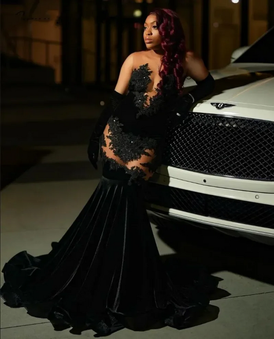 Sexy Black Lace Applique Mermaid Black Girl Prom Dress Velvet Beads Sheer Graduation Formal Party Evening Gowns Robe De Bal