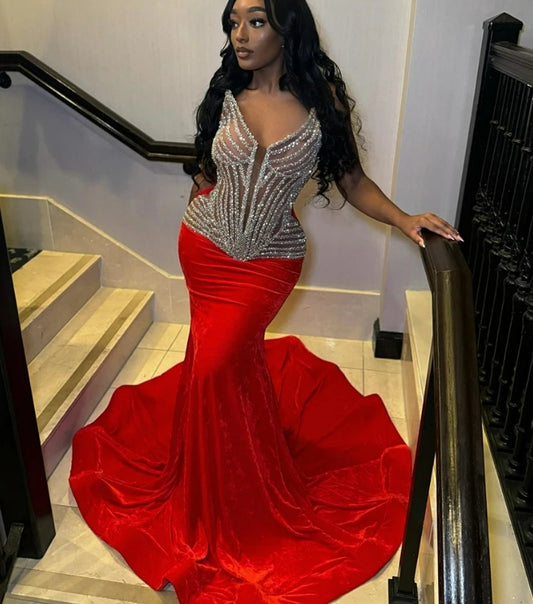 Red Velvet V Neck Long Prom Dress For Black Girls Beaded Birthday Party Dresses Mermaid Evening Gowns Robe De Bal