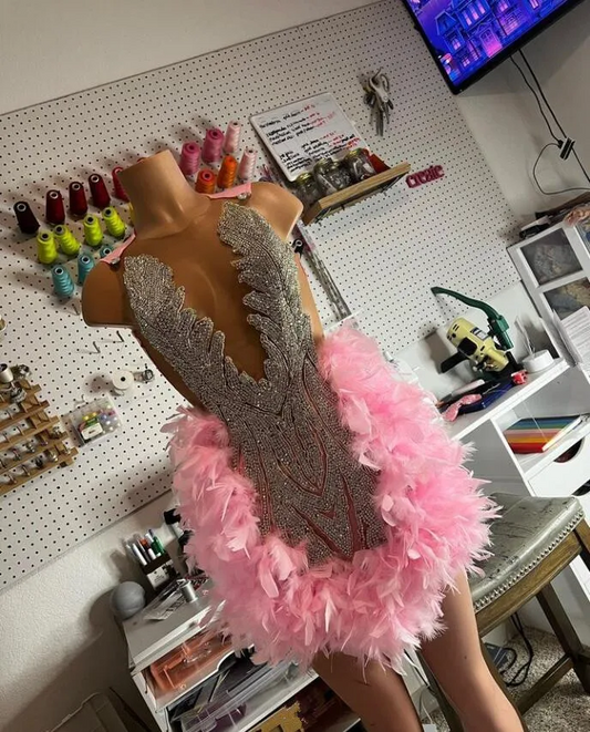 Pink Ostrich Feather Short Prom Homecoming Dresses Luxury Diamond Crystal Birthday Party Gown vestidos para mujer