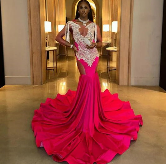 Hot Pink Fitted Prom Dress Long Luxury Silver Tassels Crystal Rhinestone Mermaid Prom Dress For Black Girl robe de bal