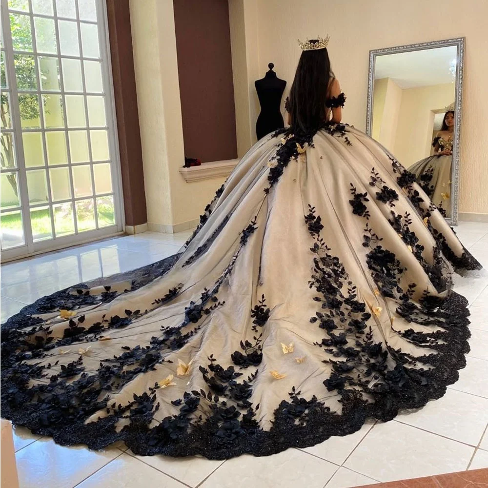 Luxury Black Ball Gown Quinceanera Dress Off Shoulder Long Train Sweet 15 16 Year Birthday Party Real Vestidos De XV Años