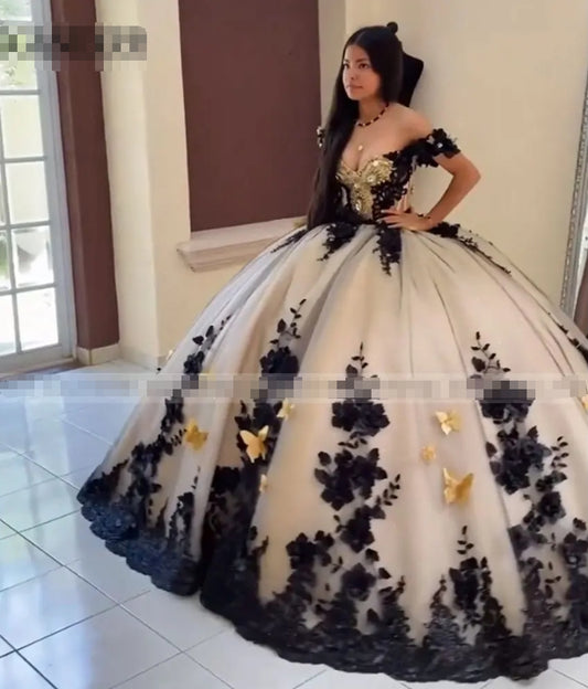 Luxury Black Ball Gown Quinceanera Dress Off Shoulder Long Train Sweet 15 16 Year Birthday Party Real Vestidos De XV Años