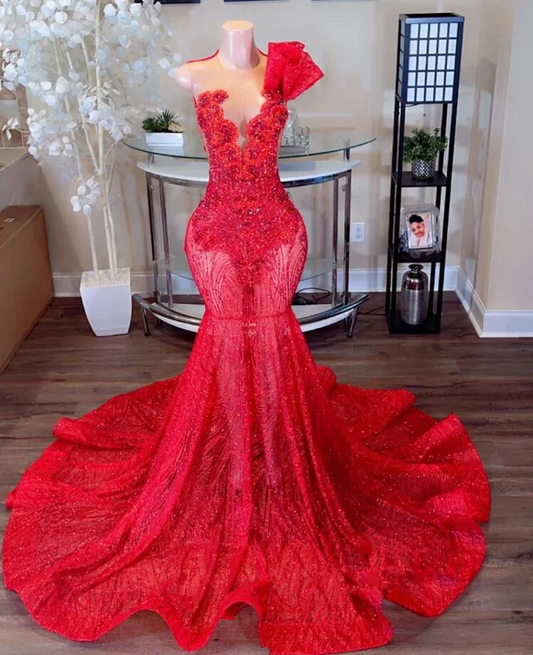 Red Luxury Long Trumpet Evening Formal Dresses for Women Sparkly Crystal Gillter Skirt Prom Gala Gowns vestidos de festa