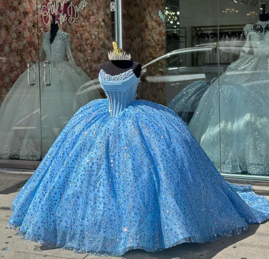 Ice Blue Sparkly Princess Quinceanera Dresses Boning Corset Pearls Beaded Gillter vestidos de 15 años quinceañeras