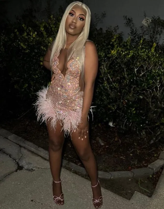 Pink Short Prom Homecoming Dresses for Black Girl Diamond Feather Birthday Gala Gown