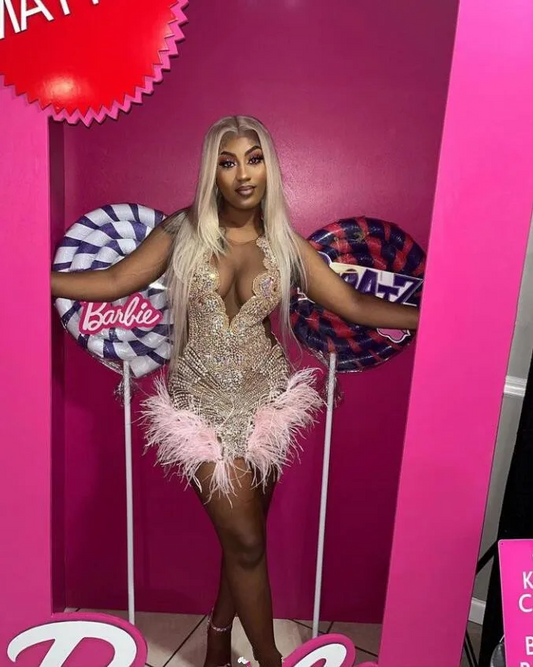 Pink Short Prom Homecoming Dresses for Black Girl Diamond Feather Birthday Gala Gown