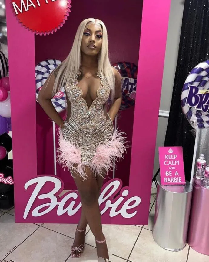 Pink Short Prom Homecoming Dresses for Black Girl Diamond Feather Birthday Gala Gown