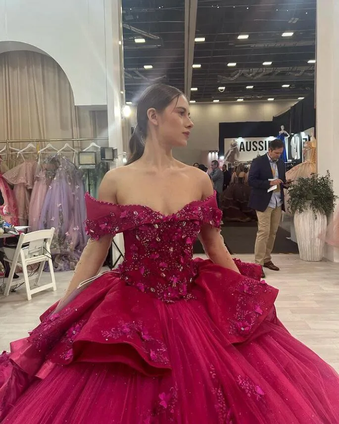Fuchsia Pink Princess Quinceanera Dresses Off Shoudler Long Sleeve 3D Floral Crystal