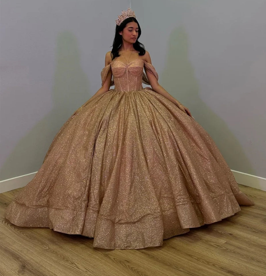 Sparkly Rose Gold Luxury Ball Gown Quinceanera Dresses Glitter Off Shoulder Sweet 16 Dress Vestido De 15 Anos Lace-Up