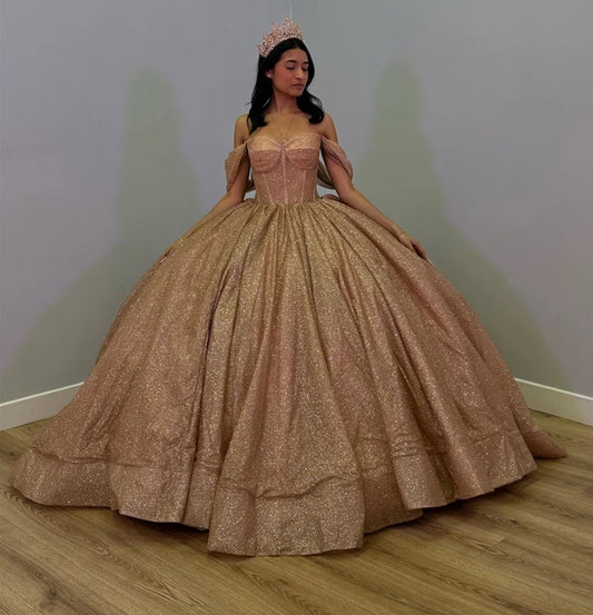 Sparkly Rose Gold Luxury Ball Gown Quinceanera Dresses Glitter Off Shoulder Sweet 16 Dress Vestido De 15 Anos Lace-Up