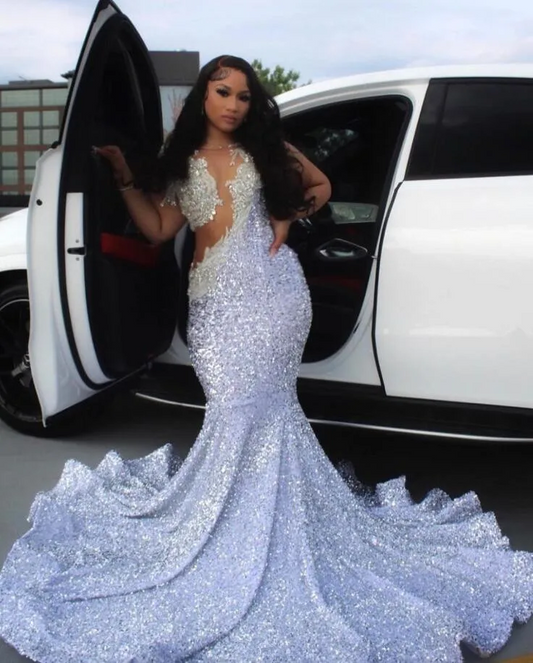 Silver Diamond Crystal Prom Party Dresses for Women Sparkly Velvet Sheer Mesh Black Girl Evening Reception Gown Long